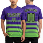Custom Purple Black-Neon Green Gradient Pinstripe Sublimation Soccer Uniform Jersey worn front and back