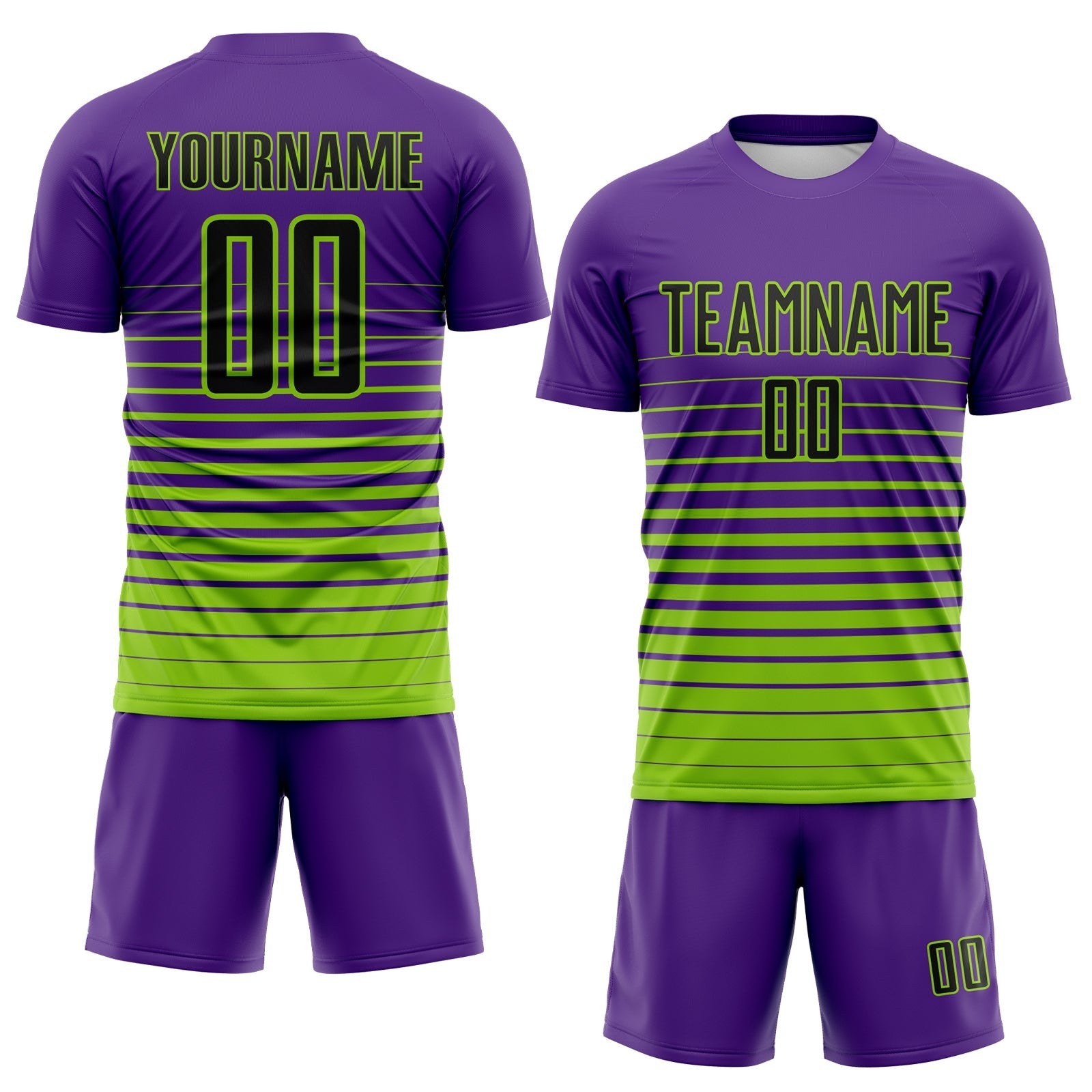 Custom Purple Black-Neon Green Gradient Pinstripe Sublimation Soccer Uniform Jersey photo 2