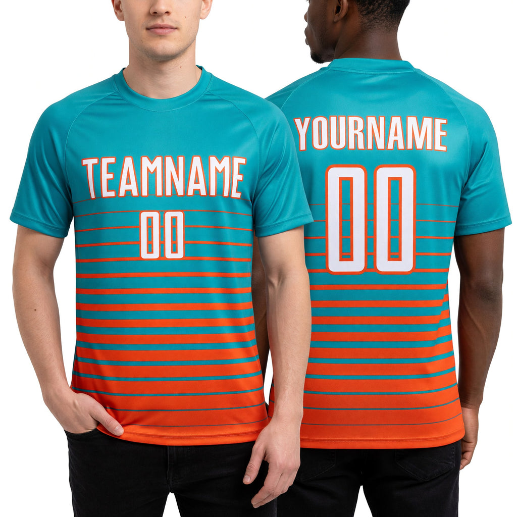 Custom Aqua White-Orange Gradient Pinstripe Sublimation Soccer Uniform Jersey worn front and back