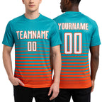 Custom Aqua White-Orange Gradient Pinstripe Sublimation Soccer Uniform Jersey worn front and back