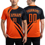 Custom Orange Black Diagonal Streamline Color Block Swirl Curve Lines Sublimation Soccer Uniform Jersey worn front and back