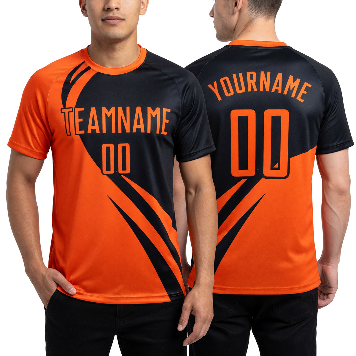 Custom Orange Black Diagonal Streamline Color Block Swirl Curve Lines Sublimation Soccer Uniform Jersey worn front and back