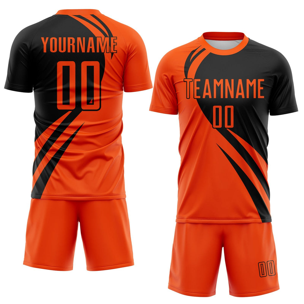 Custom Orange Black Diagonal Streamline Color Block Swirl Curve Lines Sublimation Soccer Uniform Jersey photo 2