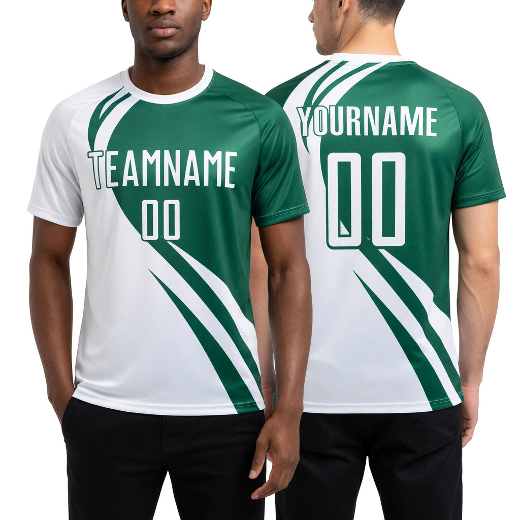 Custom White Kelly Green Diagonal Streamline Color Block Swirl Curve Lines Sublimation Soccer Uniform Jersey worn front and back