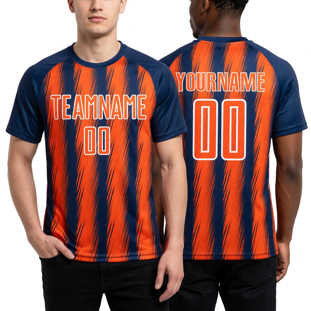 Custom Navy Orange-White Vertical Brush Stroke Stripes Sublimation Soccer Uniform Jersey worn front and back