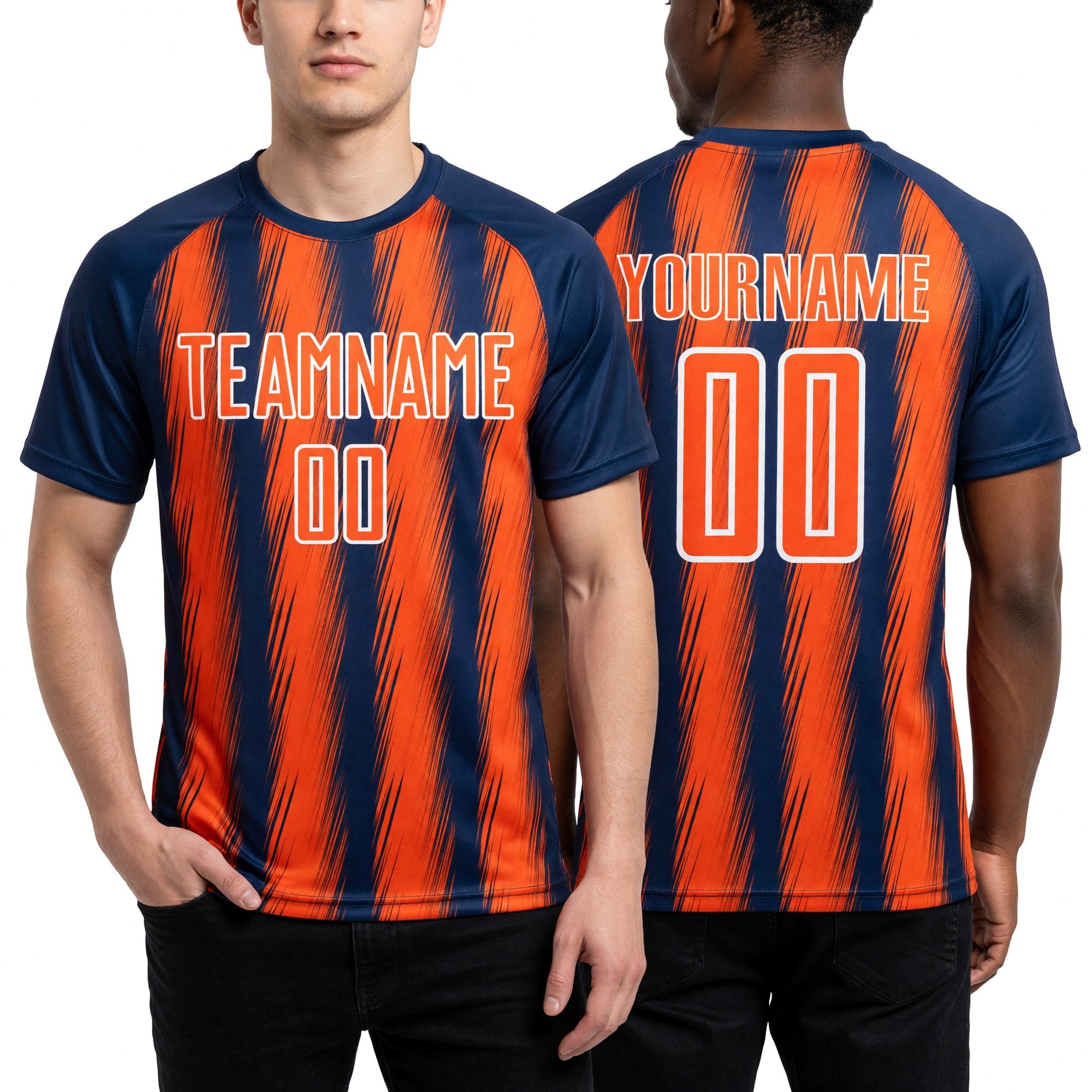 Custom Navy Orange-White Vertical Brush Stroke Stripes Sublimation Soccer Uniform Jersey worn front and back
