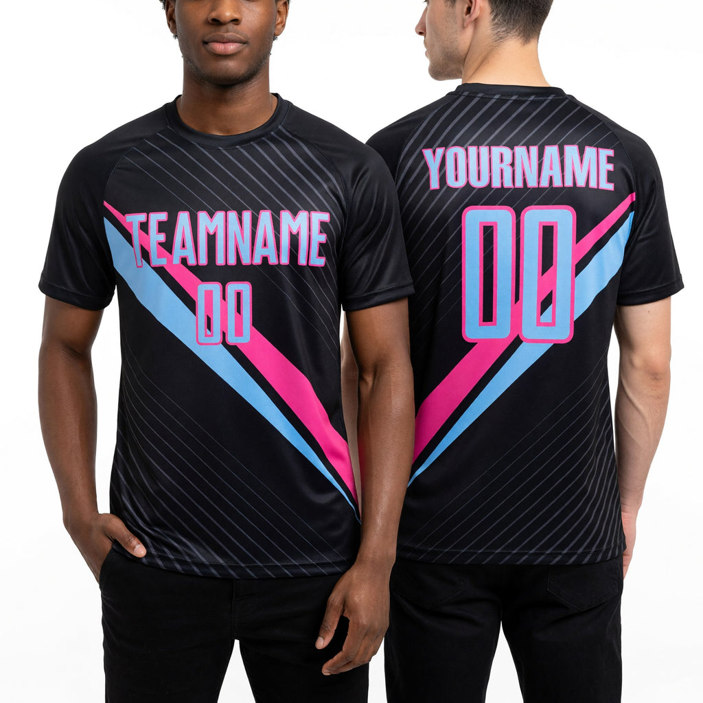 Custom Black Light Blue-Pink Diagonal Stripes Sports Sublimation Soccer Uniform Jersey worn front and back