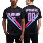 Custom Black Light Blue-Pink Diagonal Stripes Sports Sublimation Soccer Uniform Jersey worn front and back