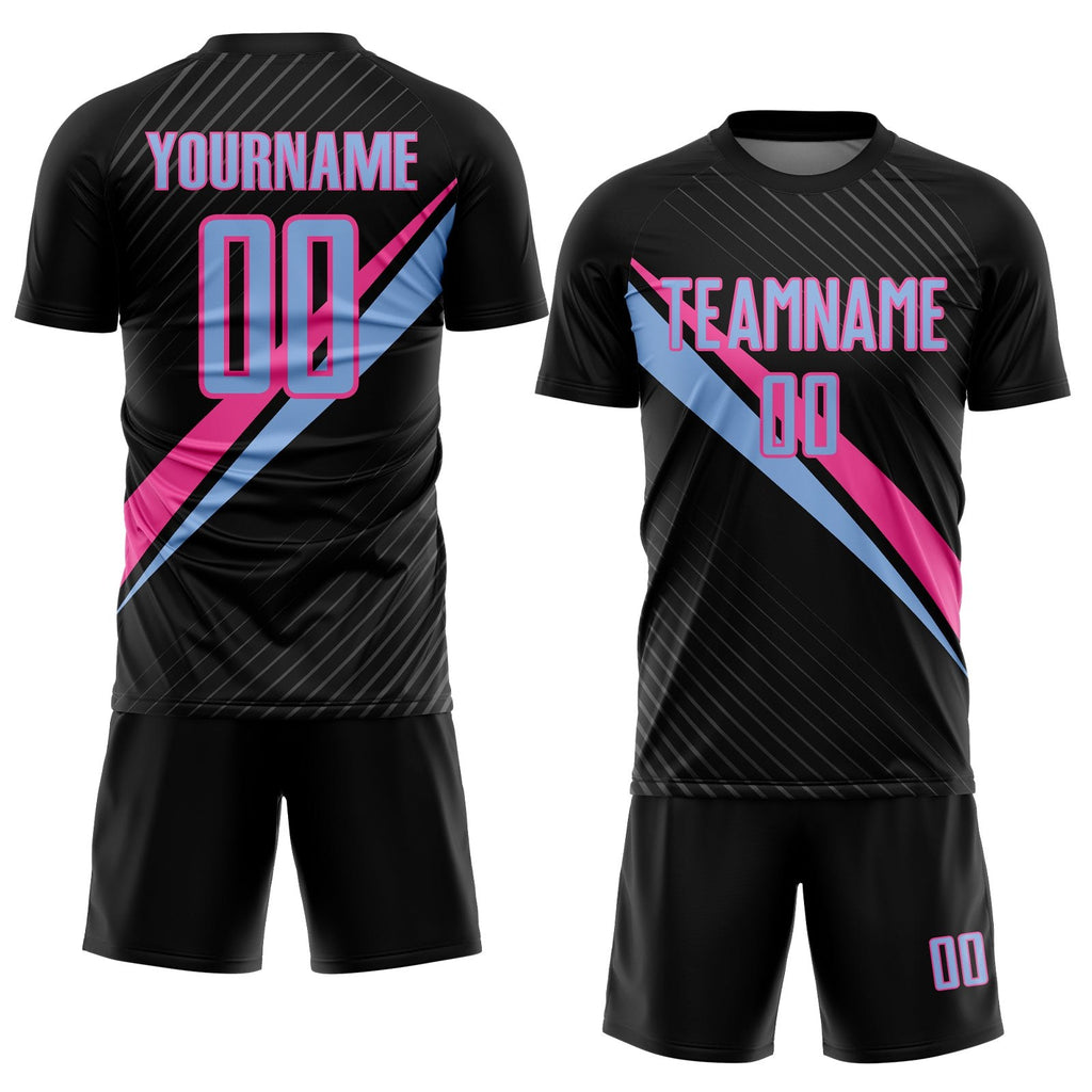 Custom Black Light Blue-Pink Diagonal Stripes Sports Sublimation Soccer Uniform Jersey photo 2
