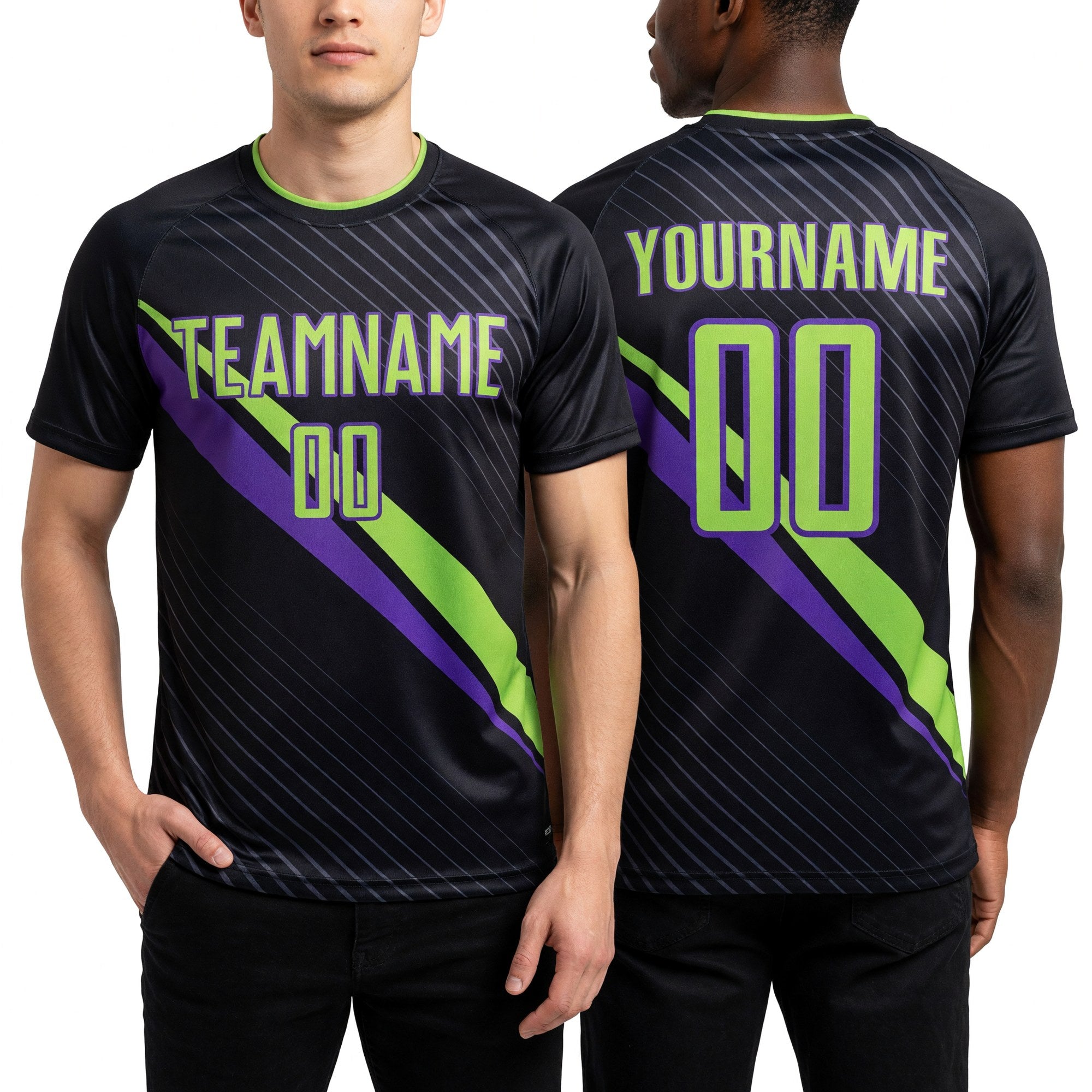 Custom Black Neon Green-Purple Diagonal Stripes Sports Sublimation Soccer Uniform Jersey worn front and back
