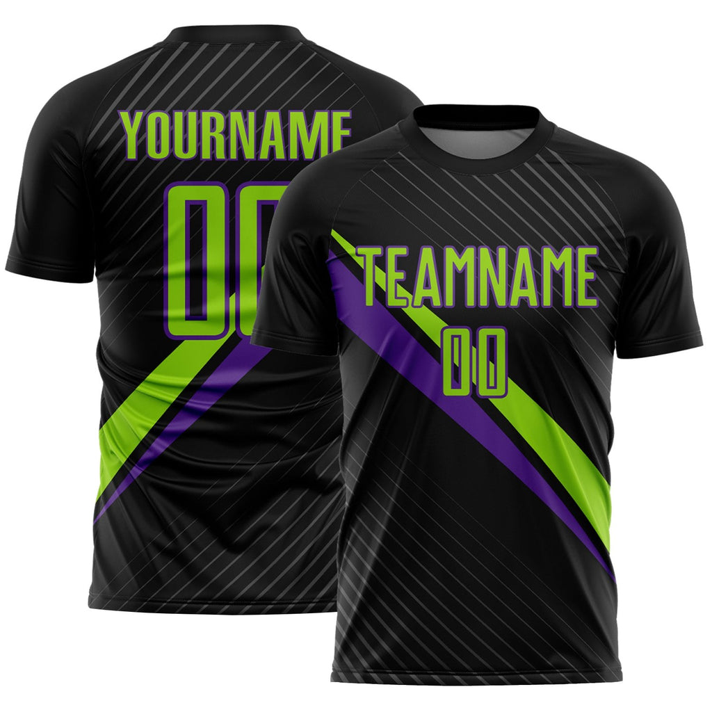 Custom Black Neon Green-Purple Diagonal Stripes Sports Sublimation Soccer Uniform Jersey