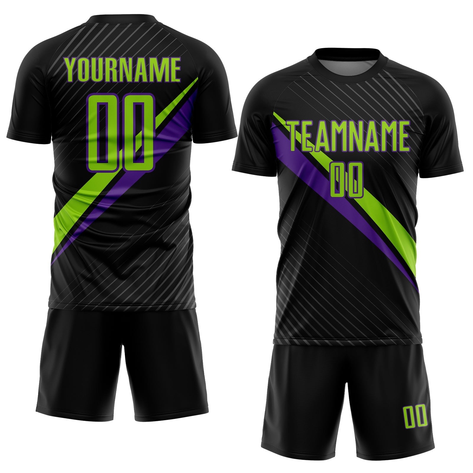 Custom Black Neon Green-Purple Diagonal Stripes Sports Sublimation Soccer Uniform Jersey photo 2