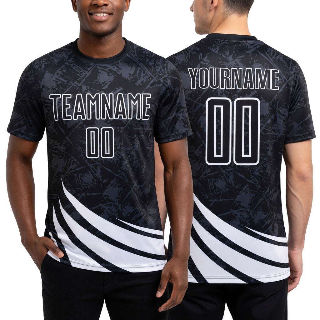 Custom Black White Distressed Diagonal Stripes Wind Shapes Sports Sublimation Soccer Uniform Jersey worn front and back