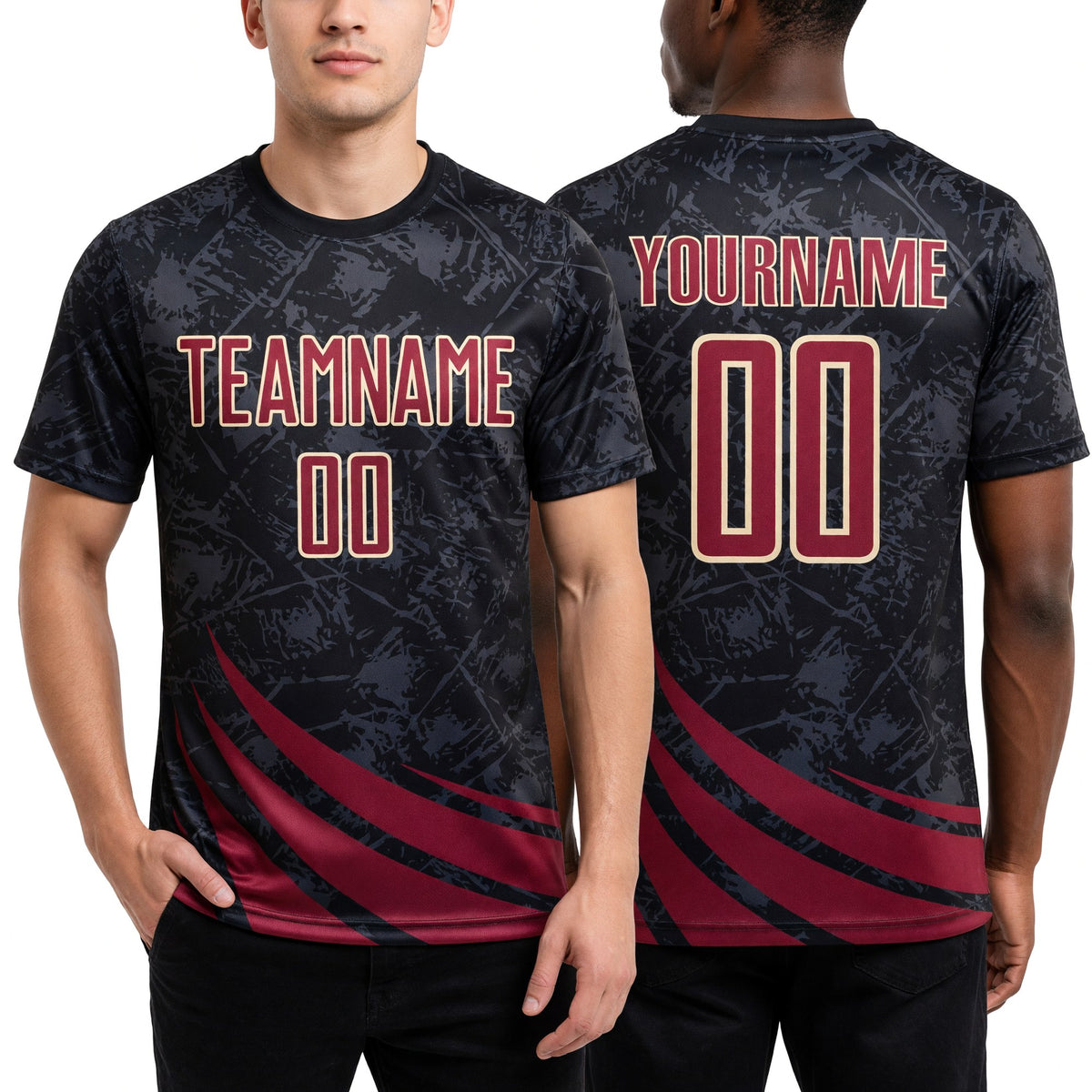 Custom Black Crimson-Cream Distressed Diagonal Stripes Wind Shapes Sports Sublimation Soccer Uniform Jersey worn front and back