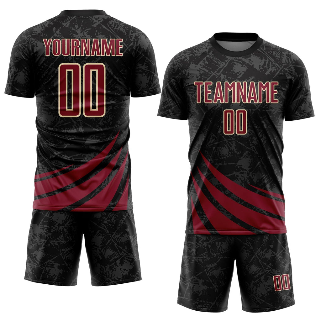 Custom Black Crimson-Cream Distressed Diagonal Stripes Wind Shapes Sports Sublimation Soccer Uniform Jersey photo 2