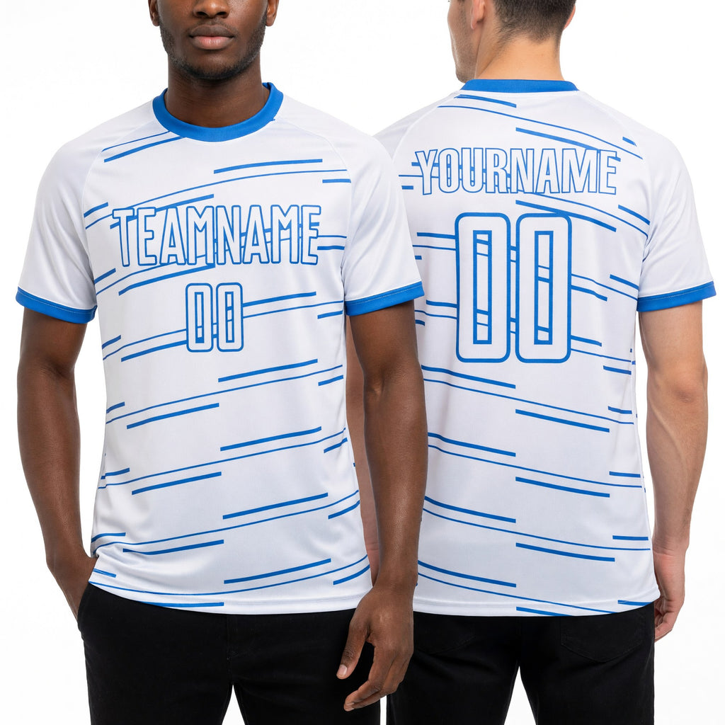 Custom White Powder Blue Diagonal Pinstripes Lines Sports Sublimation Soccer Uniform Jersey worn front and back