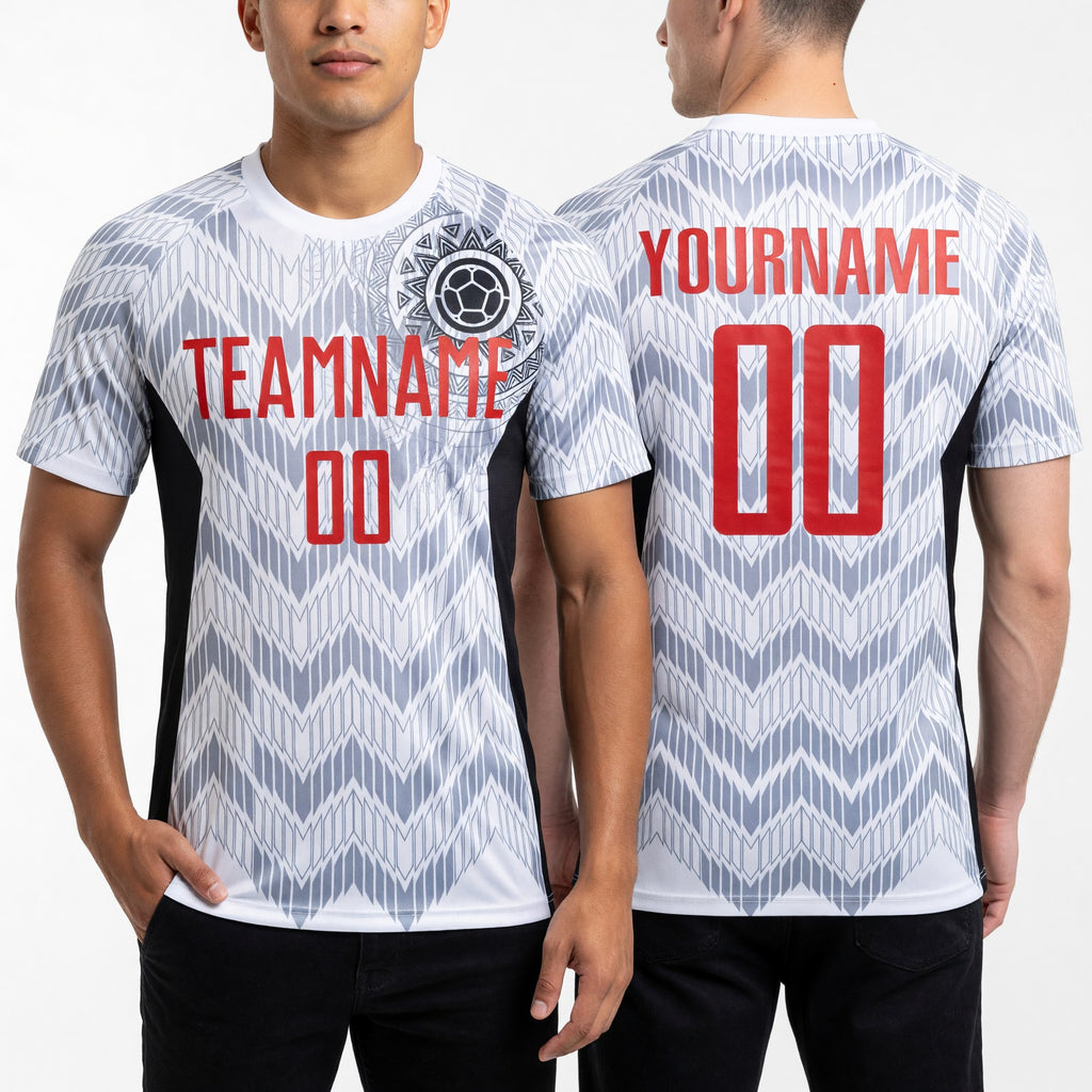 Custom White Red Gray-Black Colombia Zigzag Pattern Sublimation Soccer Uniform Jersey worn front and back