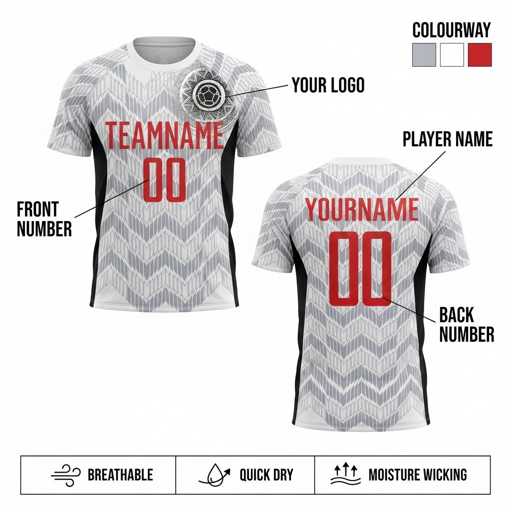 Custom White and Red Colombia Zigzag Sublimated Soccer Jersey with Gray and Black Lettering customization guide