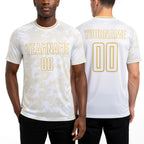 Custom White-Old Gold Curve Lines Sublimation Soccer Uniform Jersey worn front and back