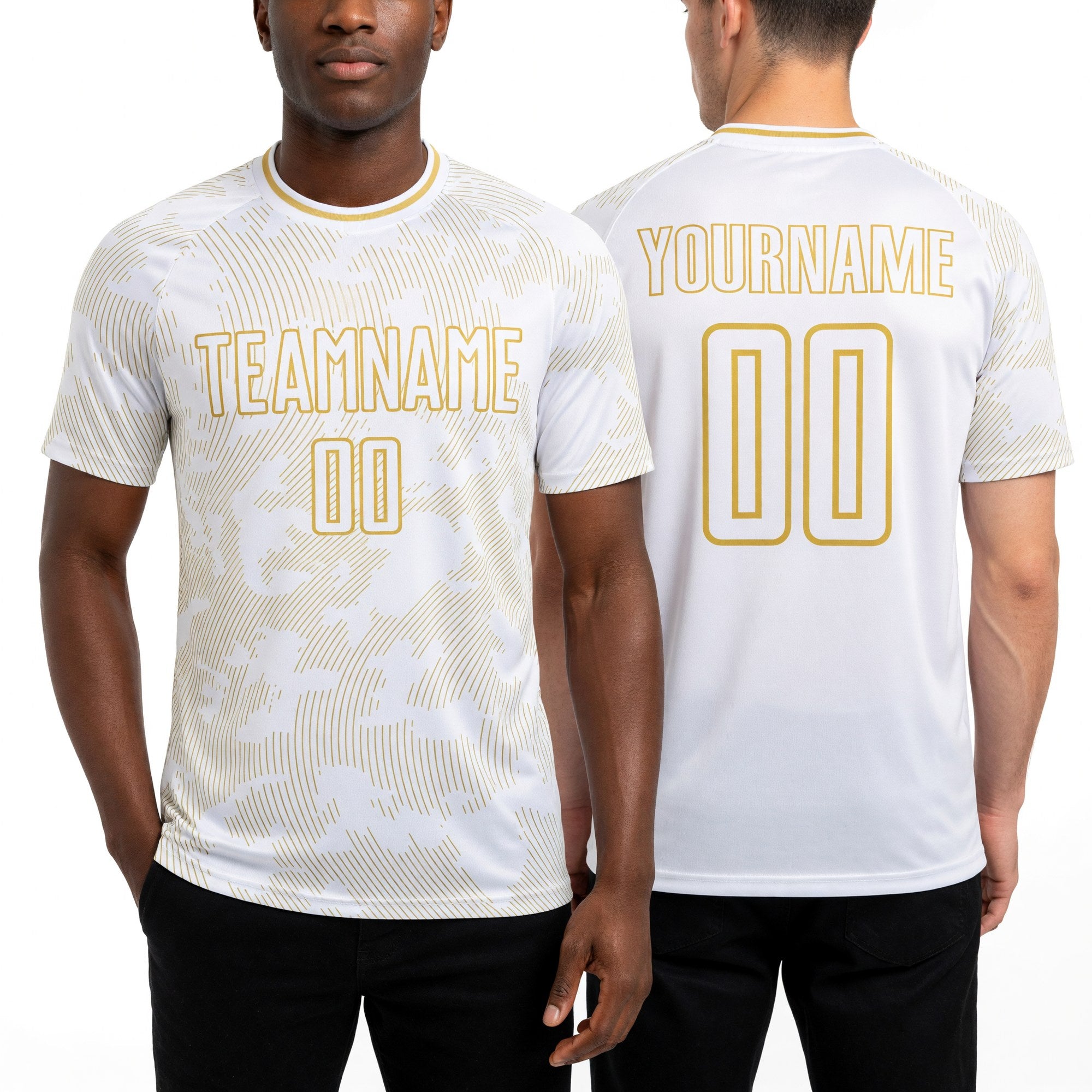 Custom White-Old Gold Curve Lines Sublimation Soccer Uniform Jersey worn front and back