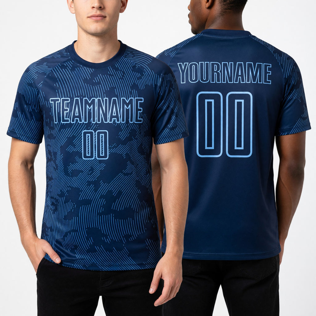 Custom Navy-Light Blue Curve Lines Sublimation Soccer Uniform Jersey worn front and back