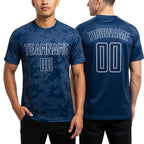 Custom Navy-Gray Curve Lines Sublimation Soccer Uniform Jersey worn front and back