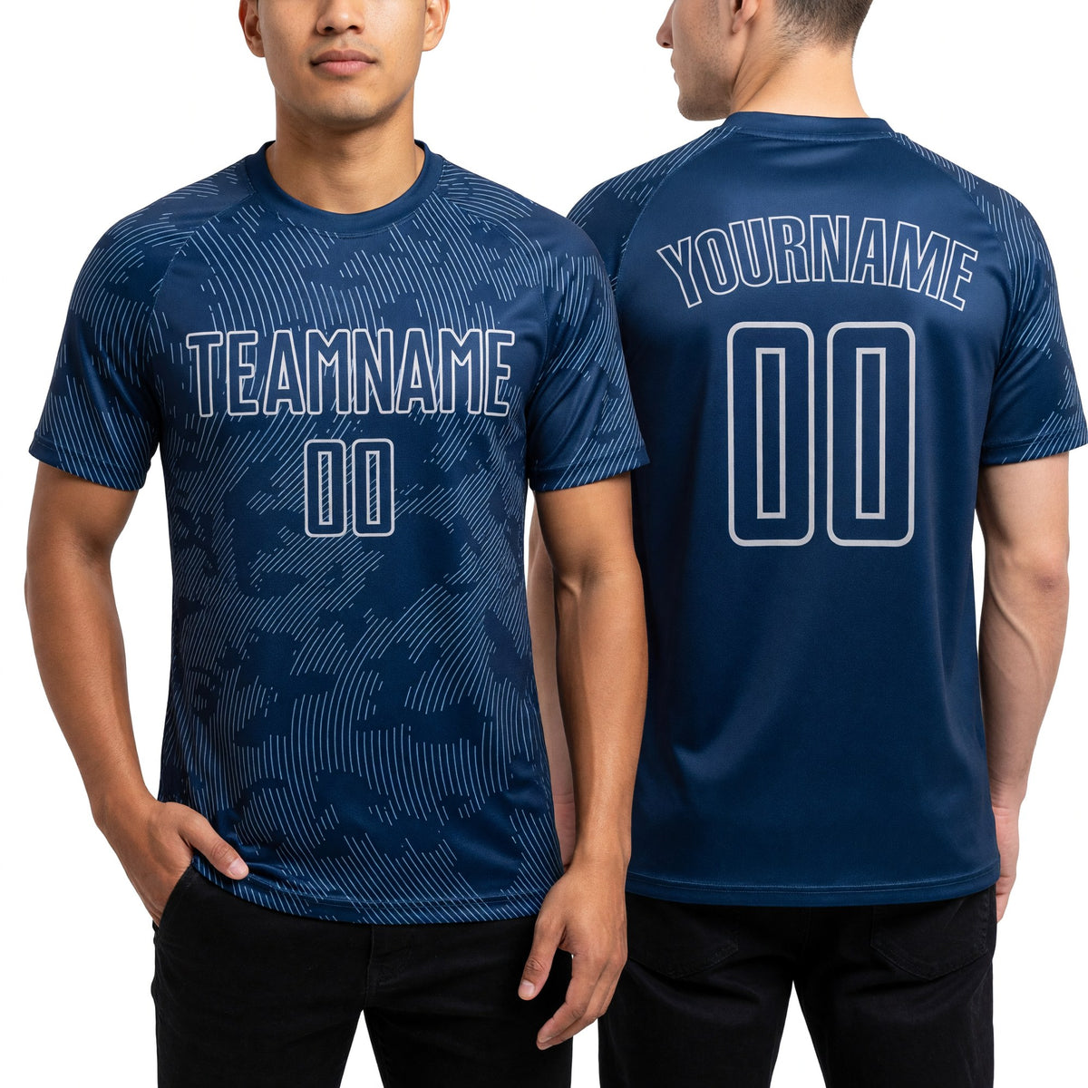 Custom Navy-Gray Curve Lines Sublimation Soccer Uniform Jersey worn front and back
