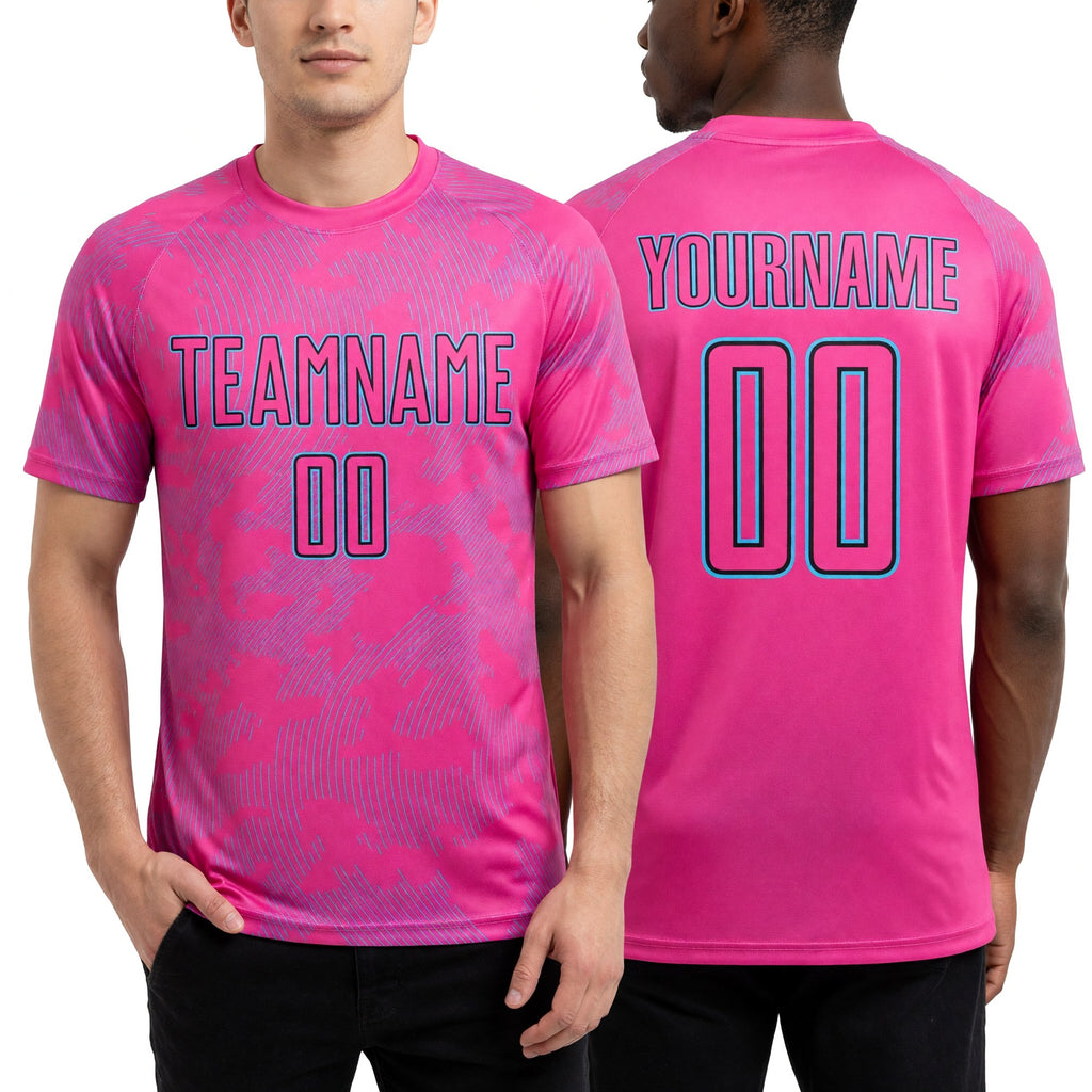 Custom Pink Sky Blue-Black Curve Lines Sublimation Soccer Uniform Jersey worn front and back