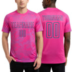 Custom Pink Sky Blue-Black Curve Lines Sublimation Soccer Uniform Jersey worn front and back