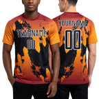 Custom Crimson Black Gold-White Gradient Splash Sublimation Soccer Uniform Jersey worn front and back