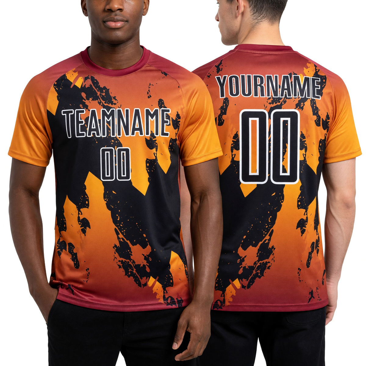 Custom Crimson Black Gold-White Gradient Splash Sublimation Soccer Uniform Jersey worn front and back