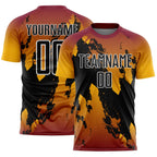 Custom Crimson Black Gold-White Gradient Splash Sublimation Soccer Uniform Jersey