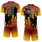 Custom Crimson Black Gold-White Gradient Splash Sublimation Soccer Uniform Jersey photo 2