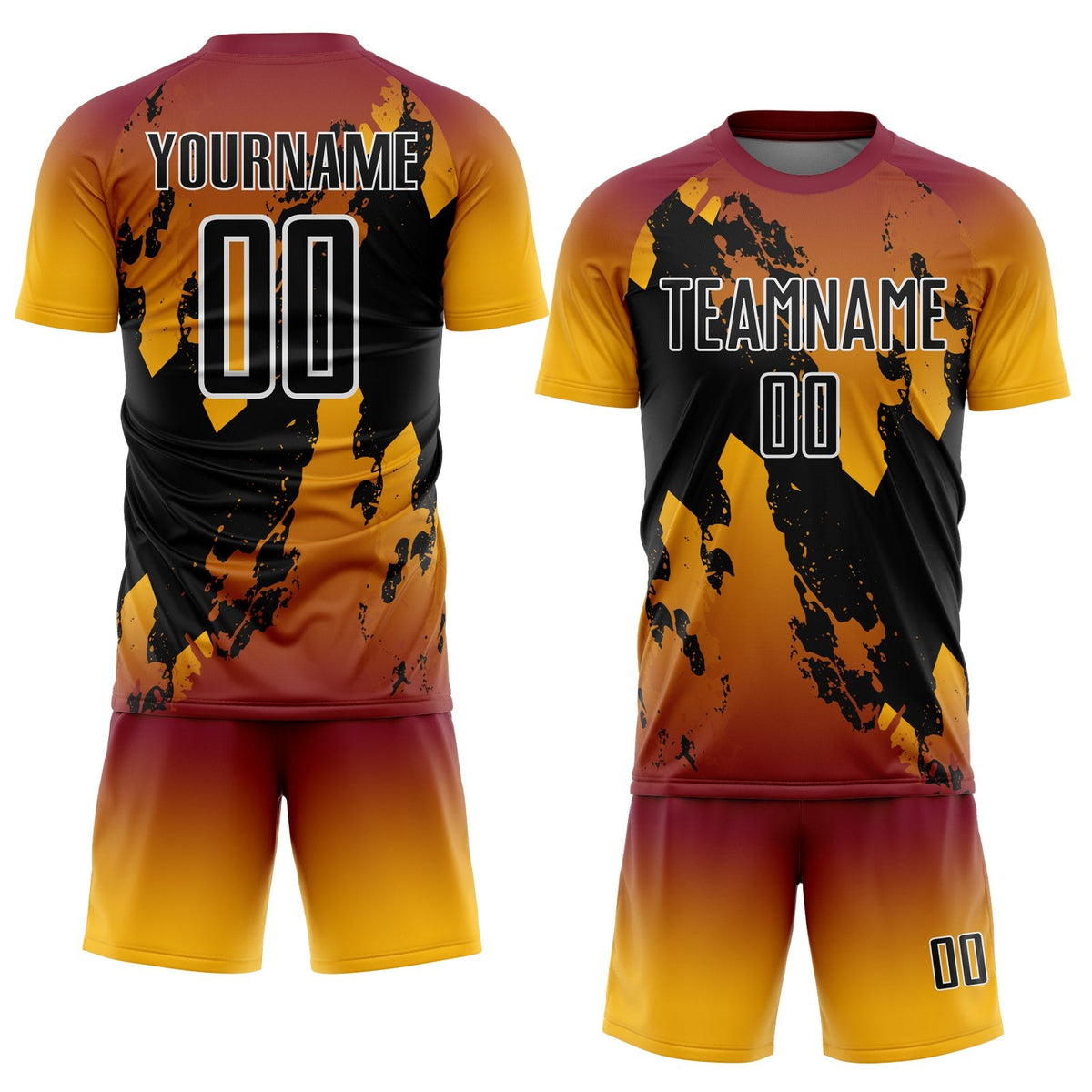 Custom Crimson Black Gold-White Gradient Splash Sublimation Soccer Uniform Jersey photo 2