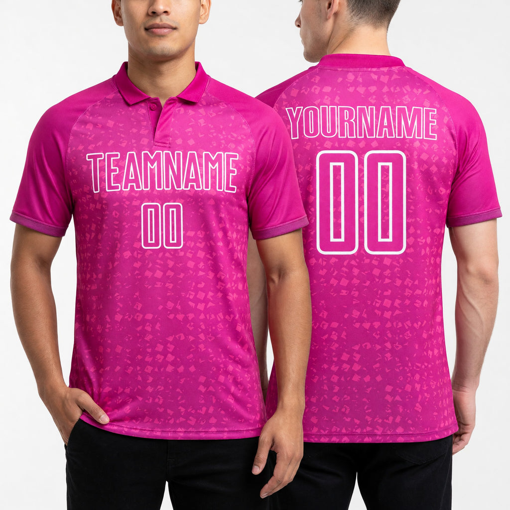 Custom Deep Pink White-Pink Digital Geometric Fragment Speckles Sublimation Soccer Uniform Jersey worn front and back