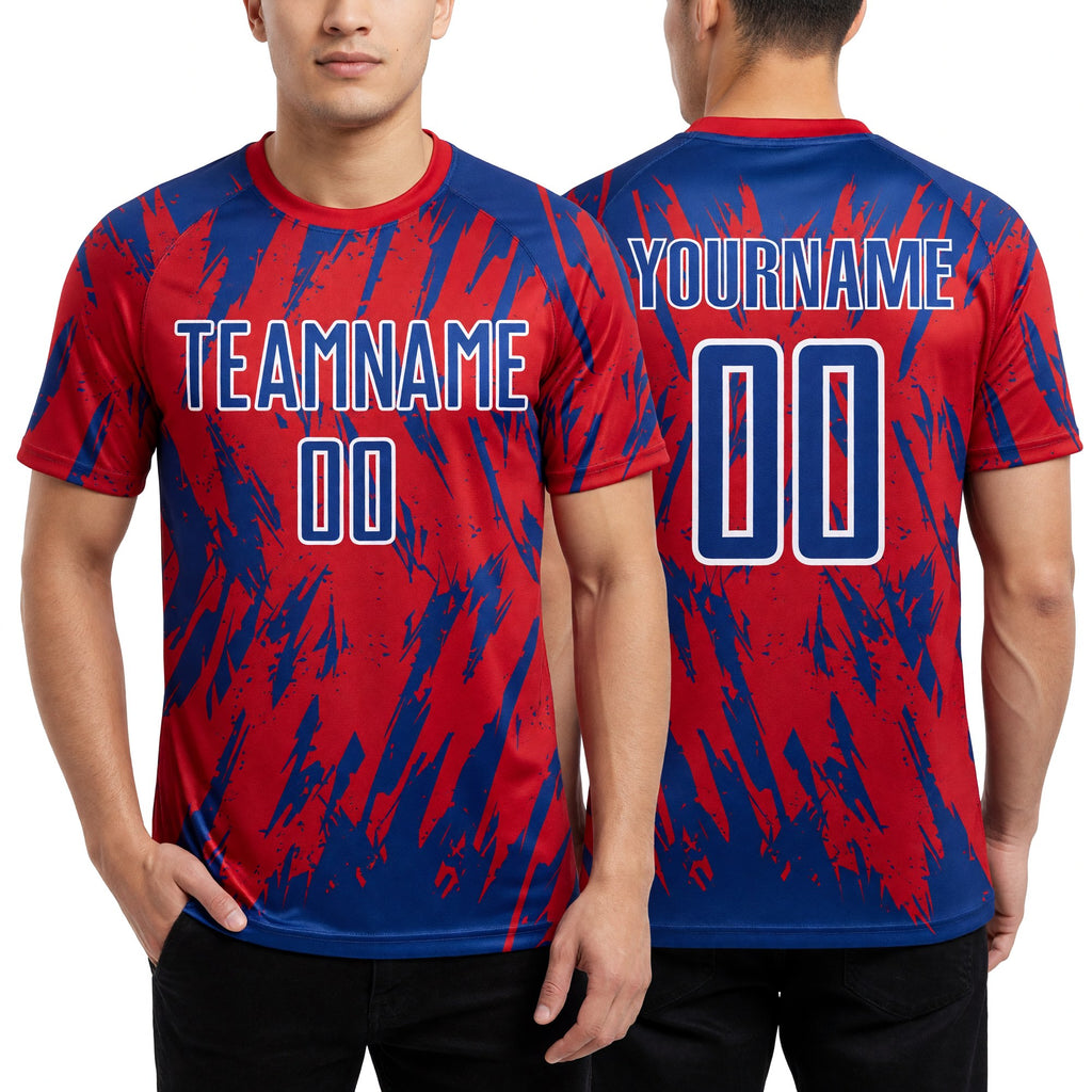 Custom Red Royal-White Splatter Torn Sharp Brush Stroke Sublimation Soccer Uniform Jersey worn front and back
