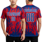 Custom Red Royal-White Splatter Torn Sharp Brush Stroke Sublimation Soccer Uniform Jersey worn front and back