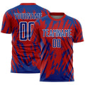 Custom Red Royal-White Splatter Torn Sharp Brush Stroke Sublimation Soccer Uniform Jersey
