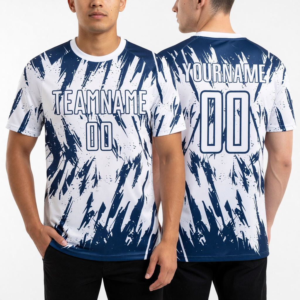 Custom White-Navy Splatter Torn Sharp Brush Stroke Sublimation Soccer Uniform Jersey worn front and back
