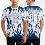 Custom White-Navy Splatter Torn Sharp Brush Stroke Sublimation Soccer Uniform Jersey worn front and back