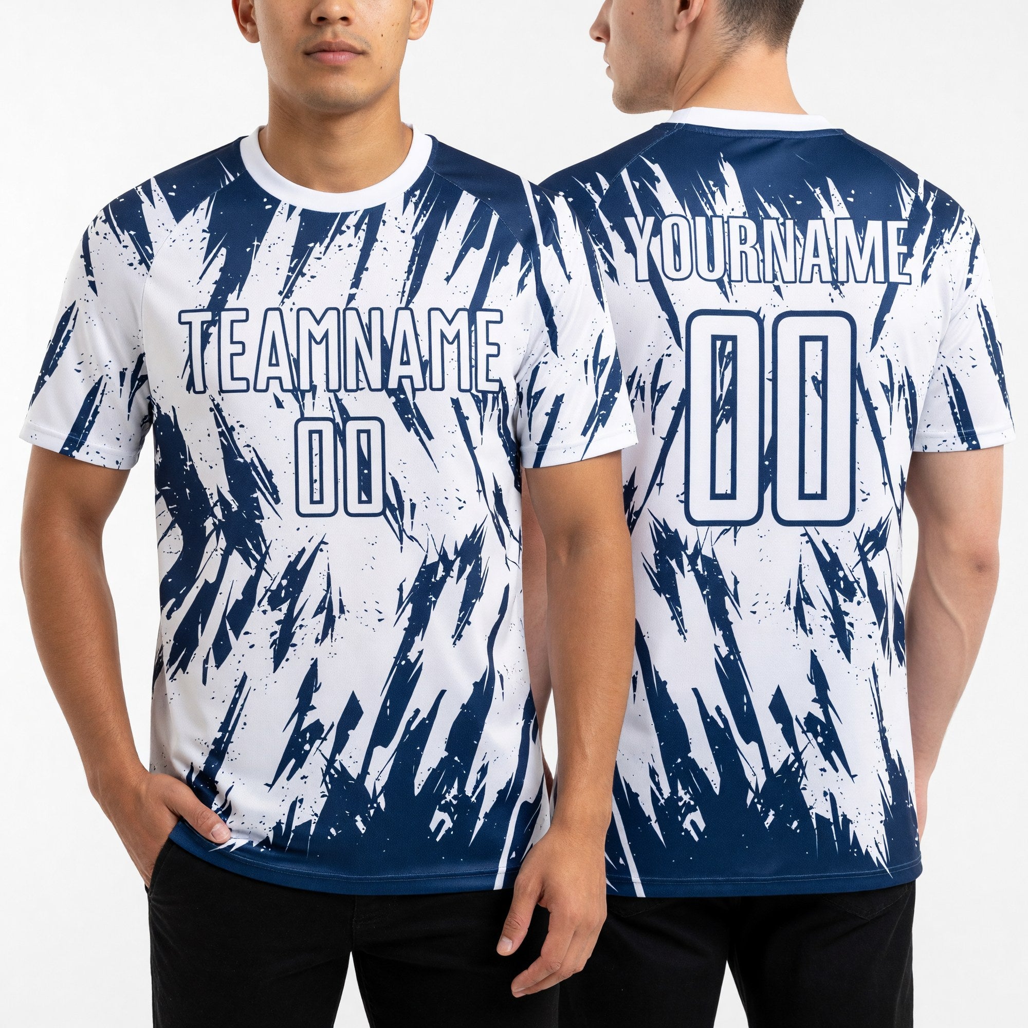 Custom White-Navy Splatter Torn Sharp Brush Stroke Sublimation Soccer Uniform Jersey worn front and back
