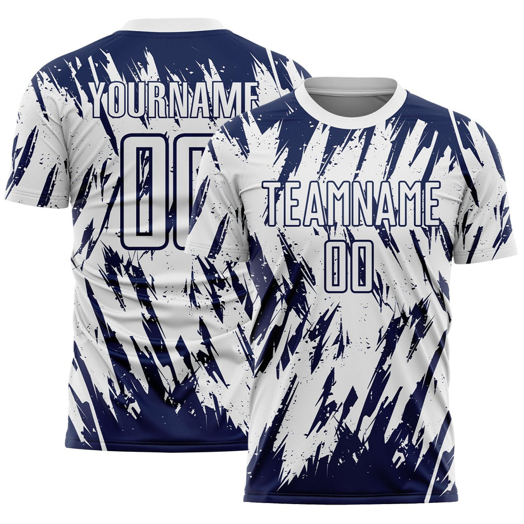 Custom White-Navy Splatter Torn Sharp Brush Stroke Sublimation Soccer Uniform Jersey