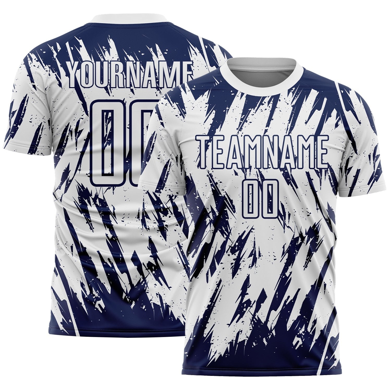 Custom White-Navy Splatter Torn Sharp Brush Stroke Sublimation Soccer Uniform Jersey