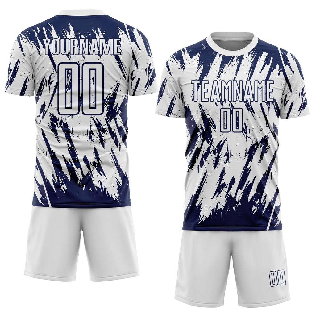 Custom White-Navy Splatter Torn Sharp Brush Stroke Sublimation Soccer Uniform Jersey photo 2