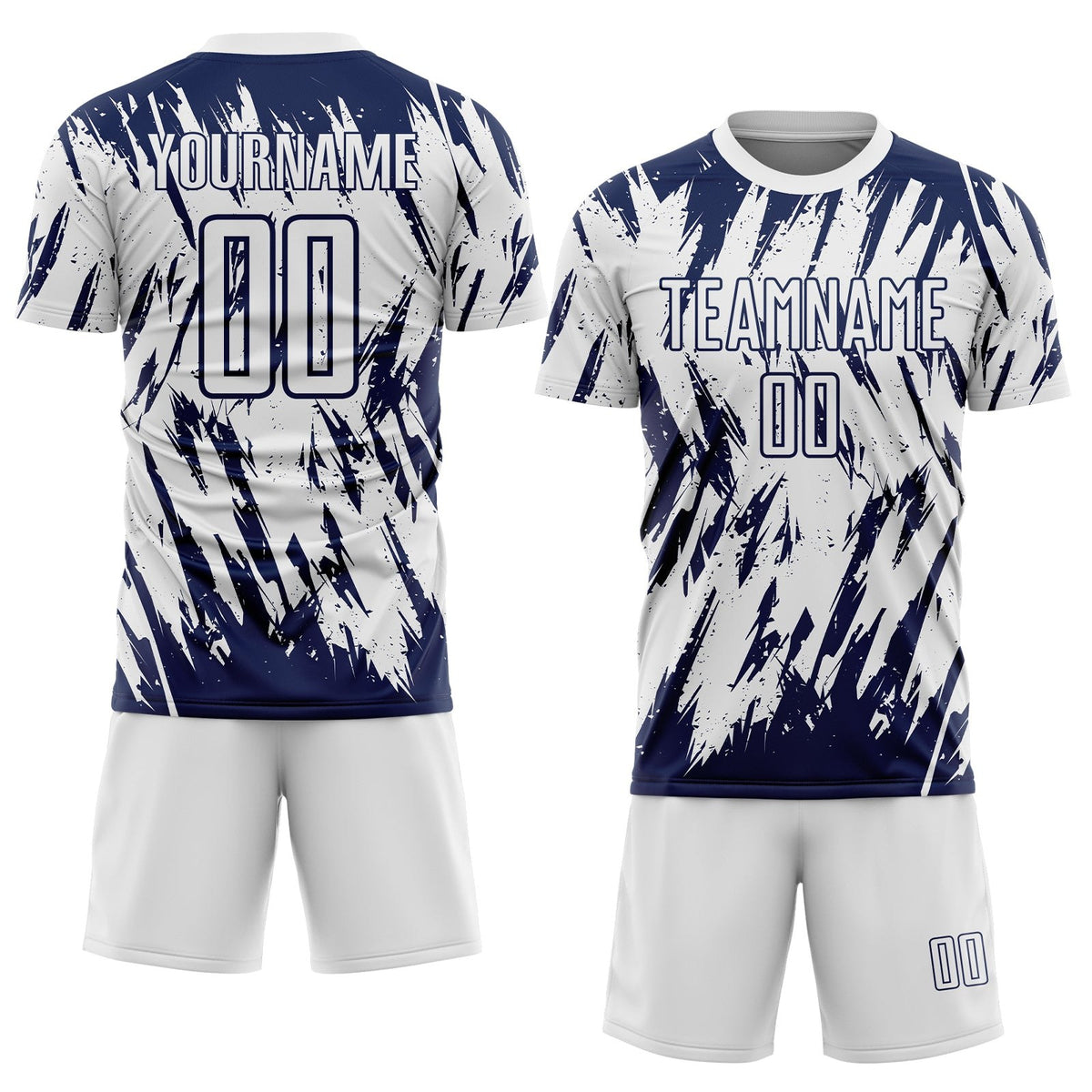 Custom White-Navy Splatter Torn Sharp Brush Stroke Sublimation Soccer Uniform Jersey photo 2