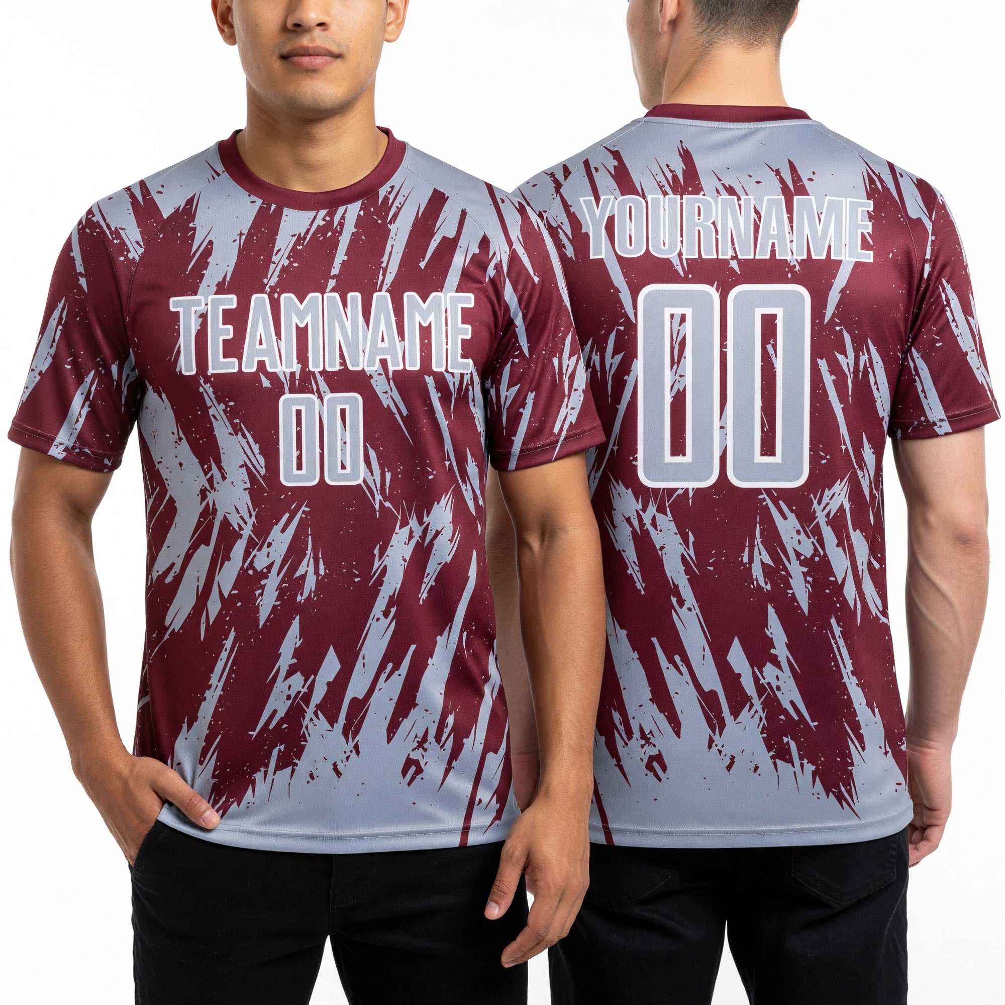Custom Burgundy Gray-White Splatter Torn Sharp Brush Stroke Sublimation Soccer Uniform Jersey worn front and back