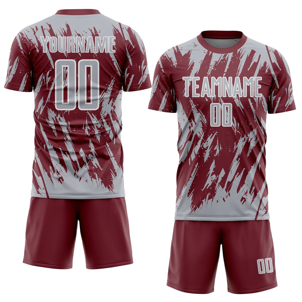 Custom Burgundy Gray-White Splatter Torn Sharp Brush Stroke Sublimation Soccer Uniform Jersey photo 2