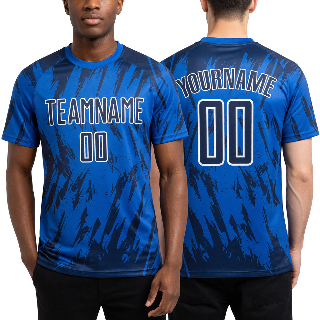 Custom Thunder Blue Navy-White Splatter Torn Sharp Brush Stroke Sublimation Soccer Uniform Jersey worn front and back