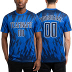 Custom Thunder Blue Navy-White Splatter Torn Sharp Brush Stroke Sublimation Soccer Uniform Jersey worn front and back