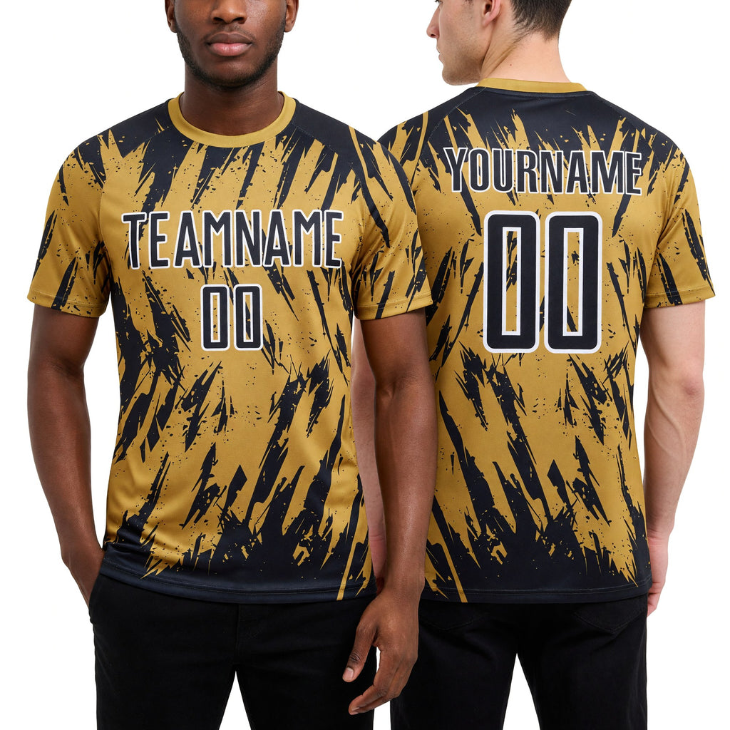 Custom Old Gold Black-White Splatter Torn Sharp Brush Stroke Sublimation Soccer Uniform Jersey worn front and back